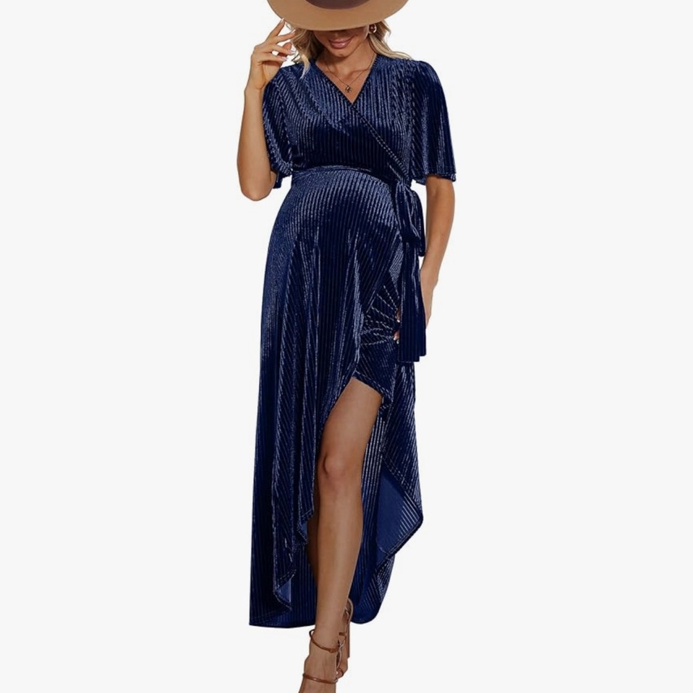Navy Blue Wrap-Front Velvet Maxi Dress